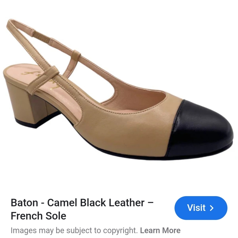 French Sole Baton Tan and Black Slingback Heels Numerous Sizes - Picture 2 of 7